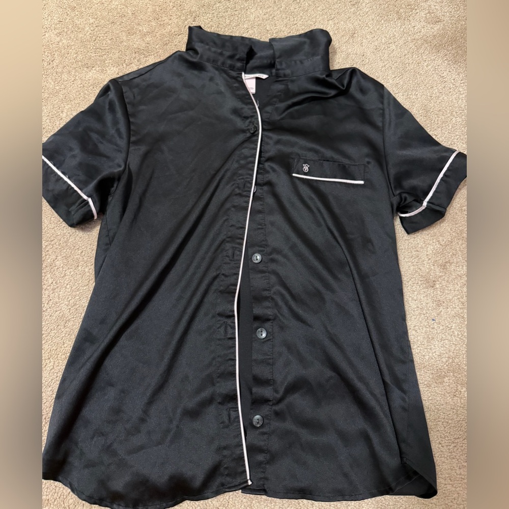 Victoria's Secret Black Short-Sleeve Satin Button-Down with White Piping